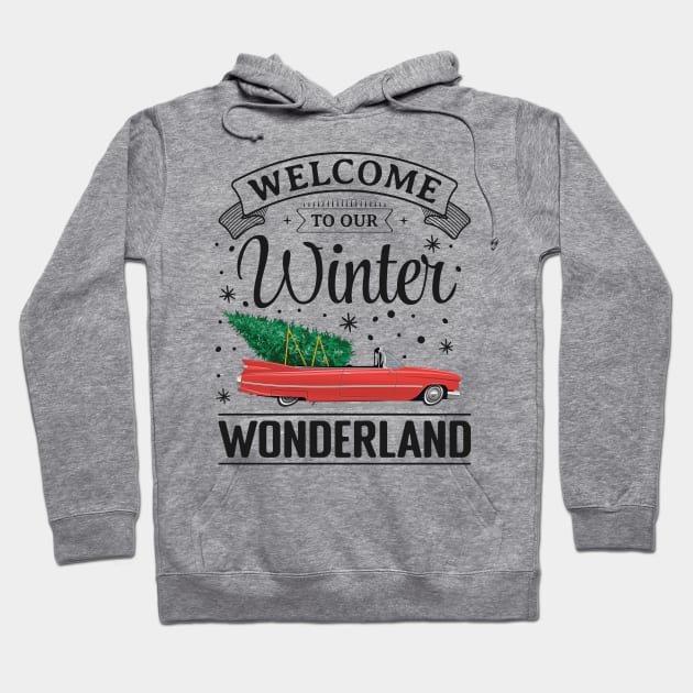 Winter Wonderland Vintage car with Christmas Tree Hoodie by la'lunadraw